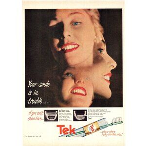 1950 Tek Deluxe Toothbrush Vintage Print Ad Blonde Woman Headshot Smile Wall Art